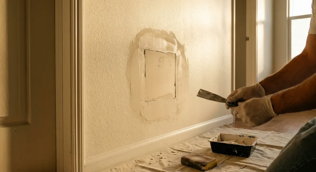 Feathered joint compound over a small drywall patch on an orange peel hallway wall under raking light.