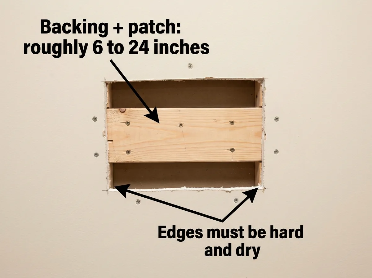 What Is Drywall Spot Repair? How It Works 2 Diagram showing which drywall spot repair method to use by hole size, including 6 inches and 24 inches thresholds.