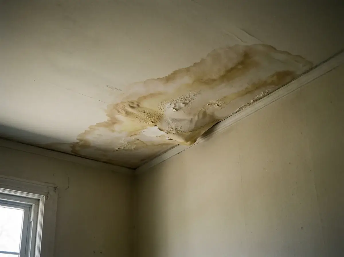 What Is Drywall Spot Repair? How It Works 3 Wall opening ready to patch contrasted with a nearby water-stained, slightly sagging ceiling section.