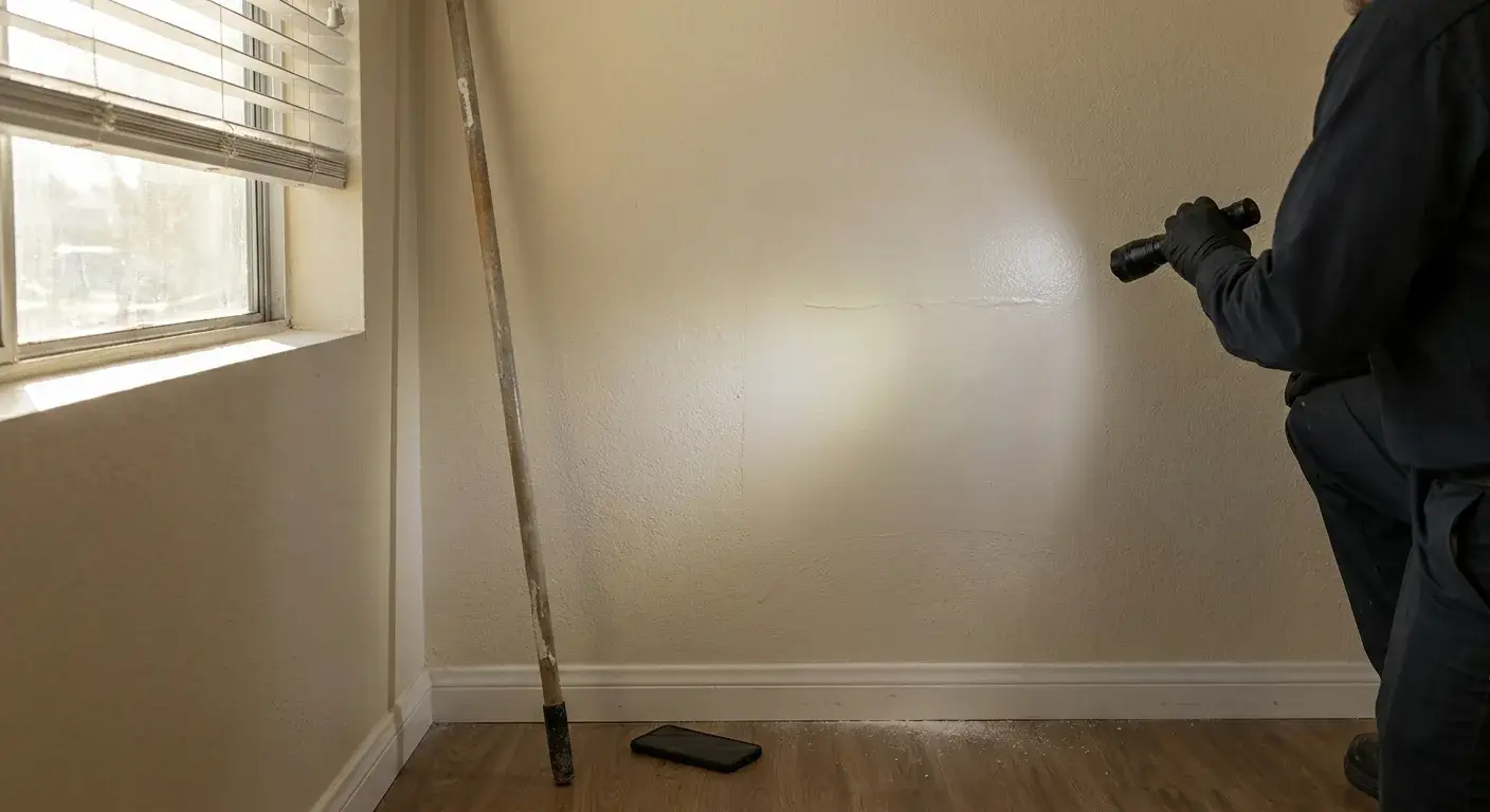 What Is Drywall Spot Repair? How It Works 4 Raking window light revealing a slightly flashing drywall patch with a faint ridge on a painted wall.