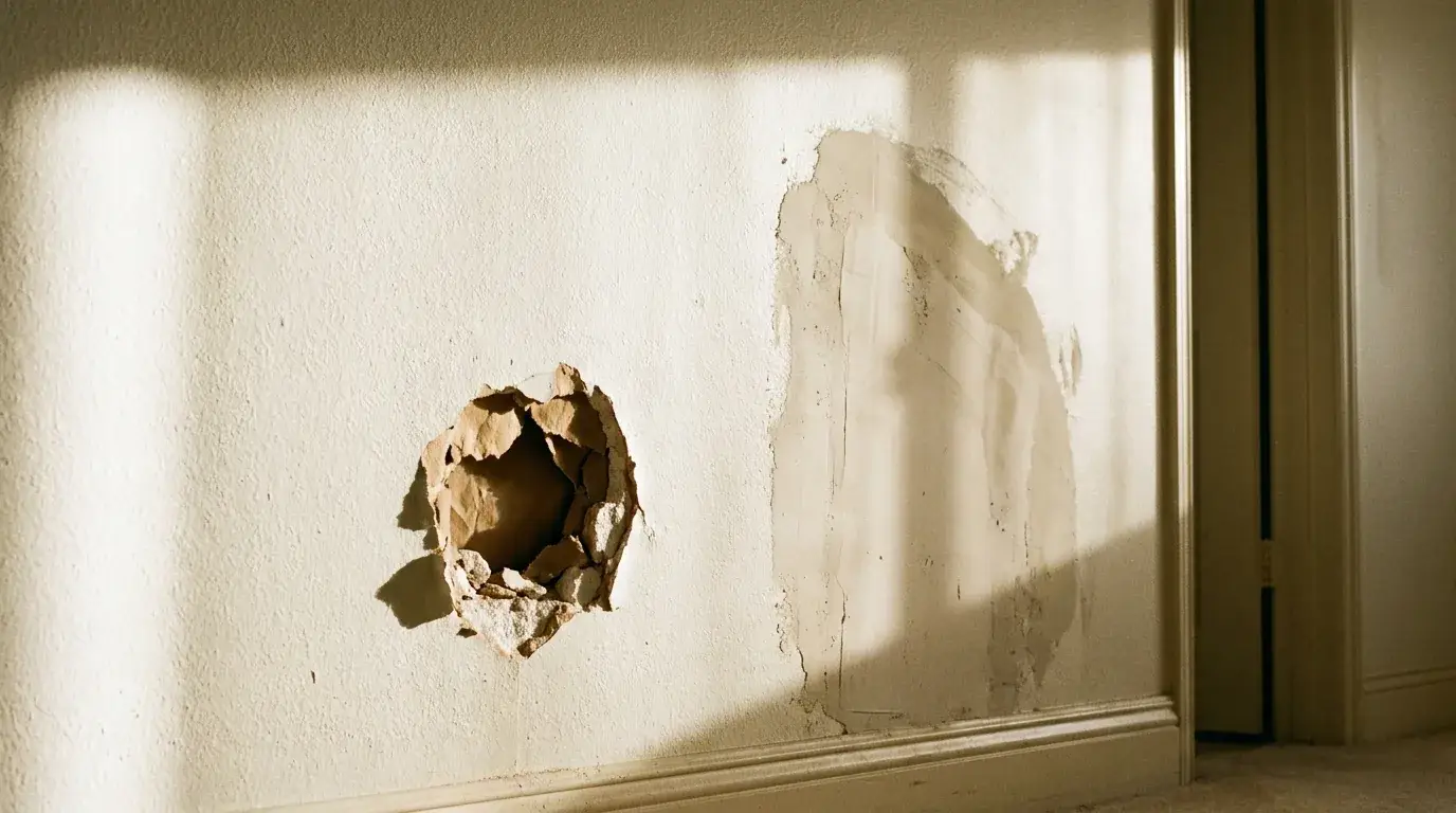 Hole in Drywall Repair Guide: Costs, DIY or Hire a Pro 1 Hallway wall with a drywall hole and a nearby patch edge revealed by raking window light