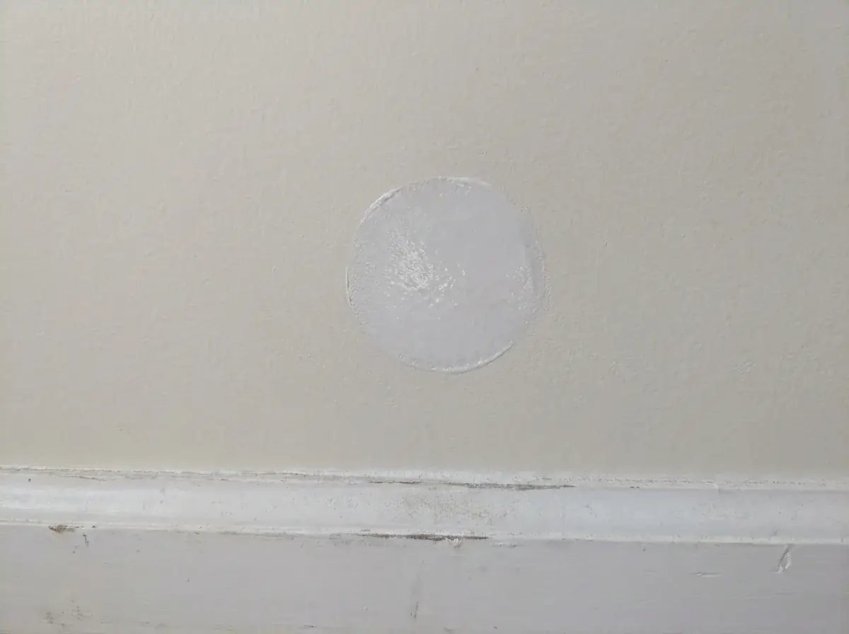 Hole in Drywall Repair Guide: Costs, DIY or Hire a Pro 2 Close-up of a primed spackle spot on a wall above a baseboard after sanding