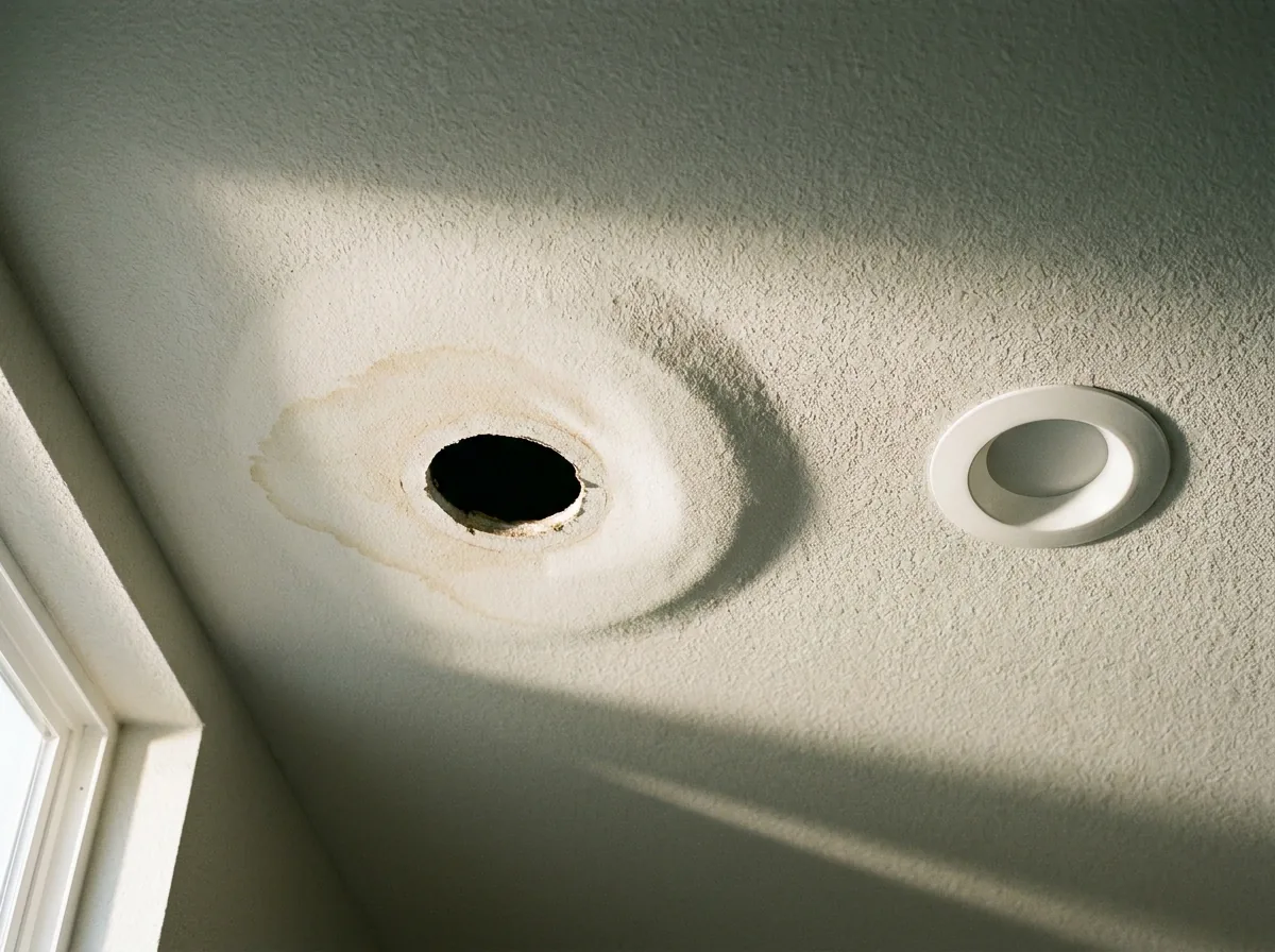 Hole in Drywall Repair Guide: Costs, DIY or Hire a Pro 3 Bathroom ceiling with a circular drywall opening, light nearby, and raking light revealing slight sag