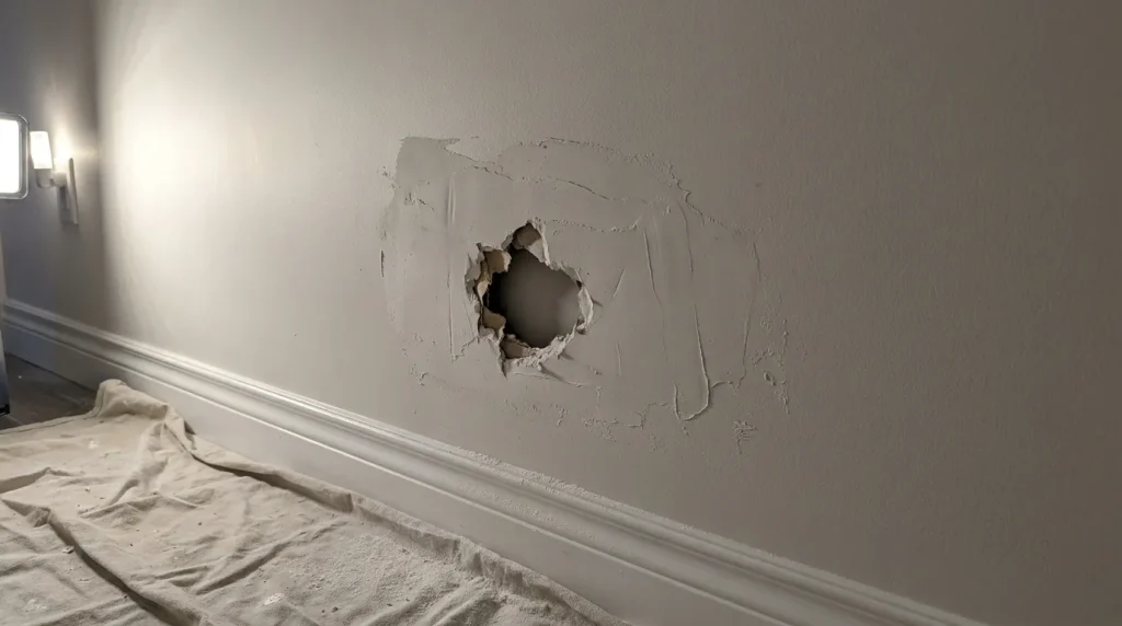 Fist-sized drywall hole being feathered with joint compound under raking hallway light