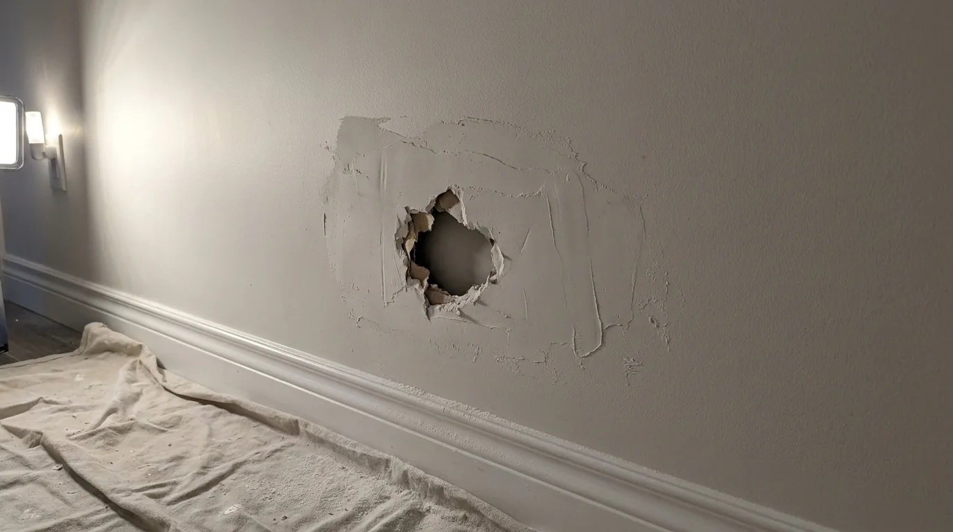 Fist-sized drywall hole being feathered with joint compound under raking hallway light