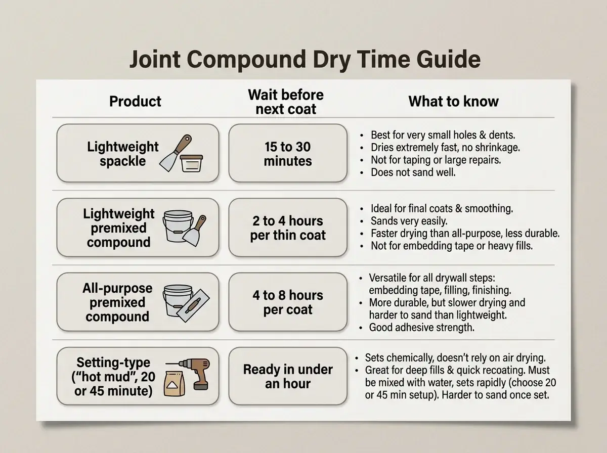 Table comparing drywall spackle and joint compound drying times between coats
