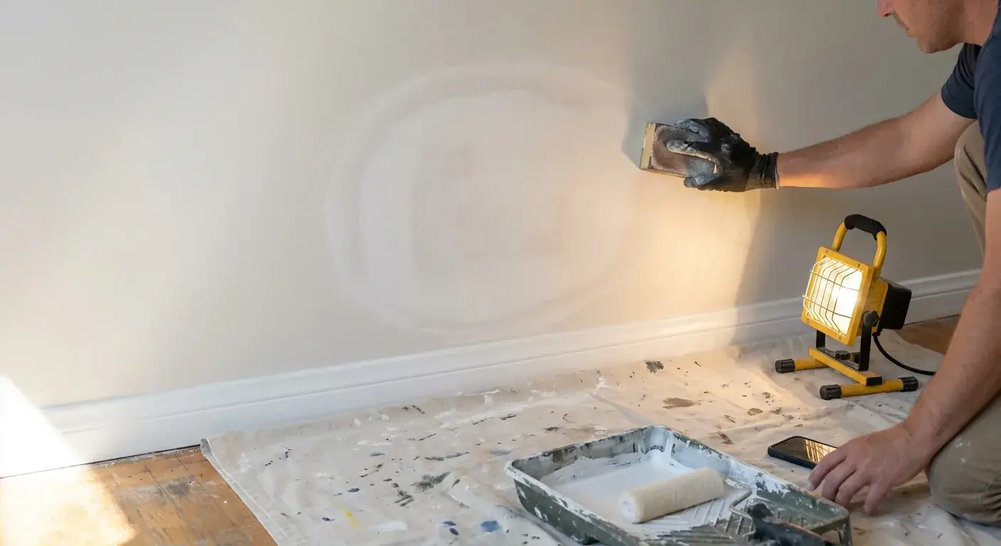 Raking work light reveals a wide feathered drywall patch being sanded before priming