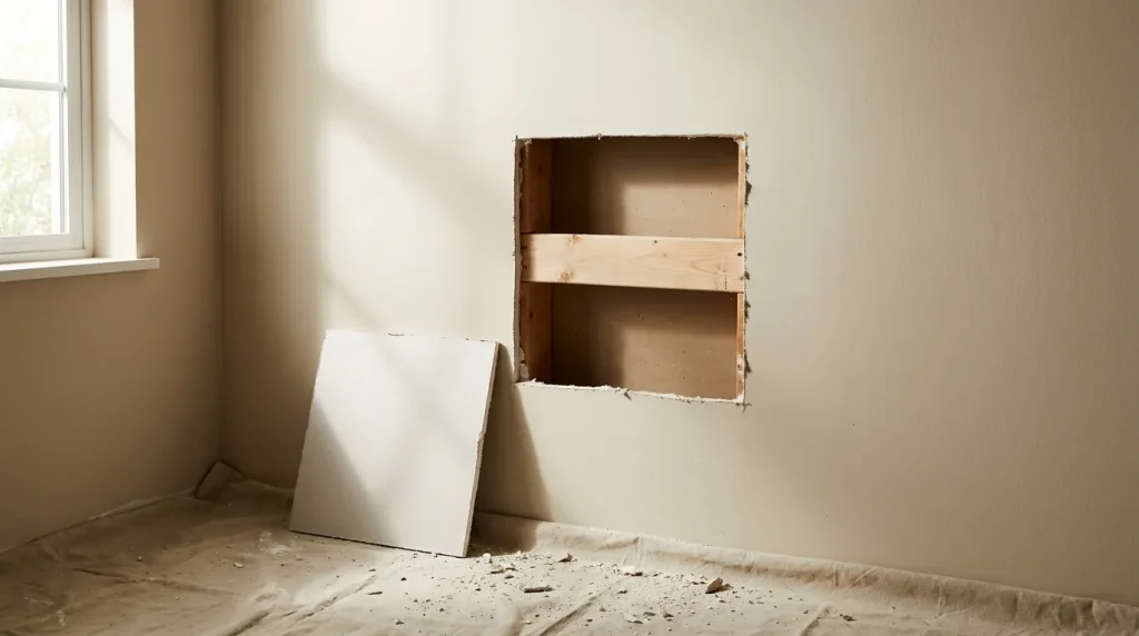 Squared drywall cut-out with wood backing visible in the cavity and a matching patch panel ready to install.
