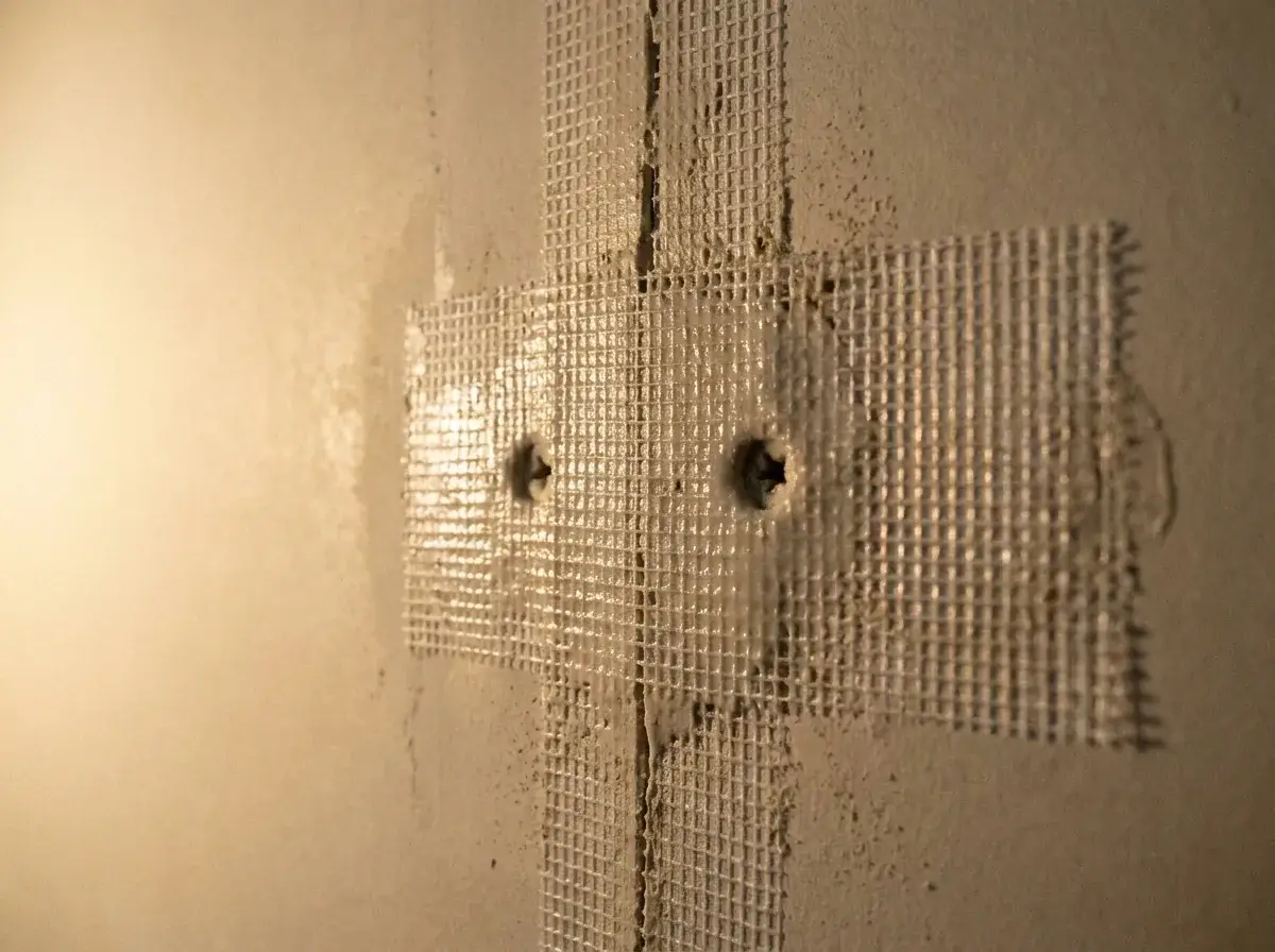 How to Repair a Big Hole in Drywall: 7 Steps That Hold Up 2 Close-up of mesh tape on a drywall patch seam with a thin first coat of compound pressed through the weave.