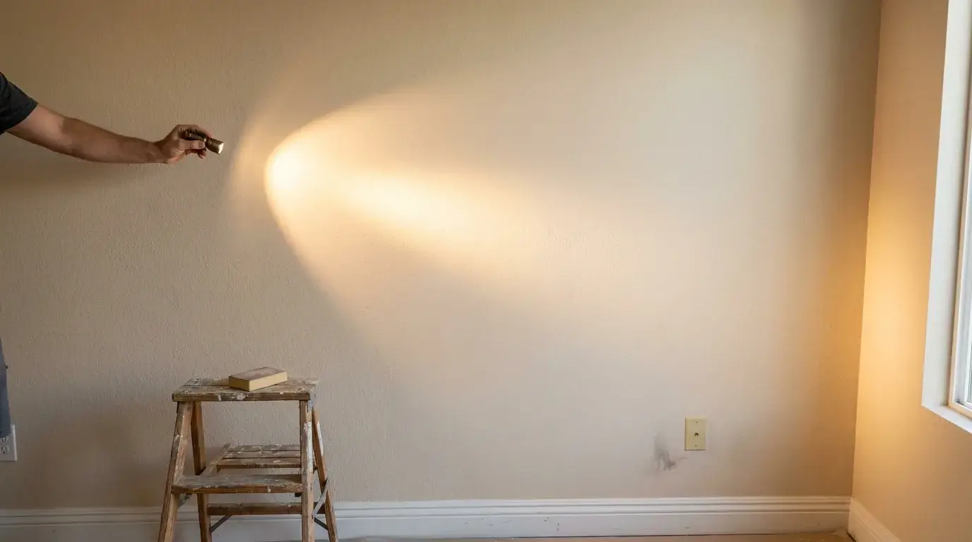 How to Repair a Big Hole in Drywall: 7 Steps That Hold Up 3 Flashlight raking across a painted wall showing an invisible drywall patch with no outline or ridges.