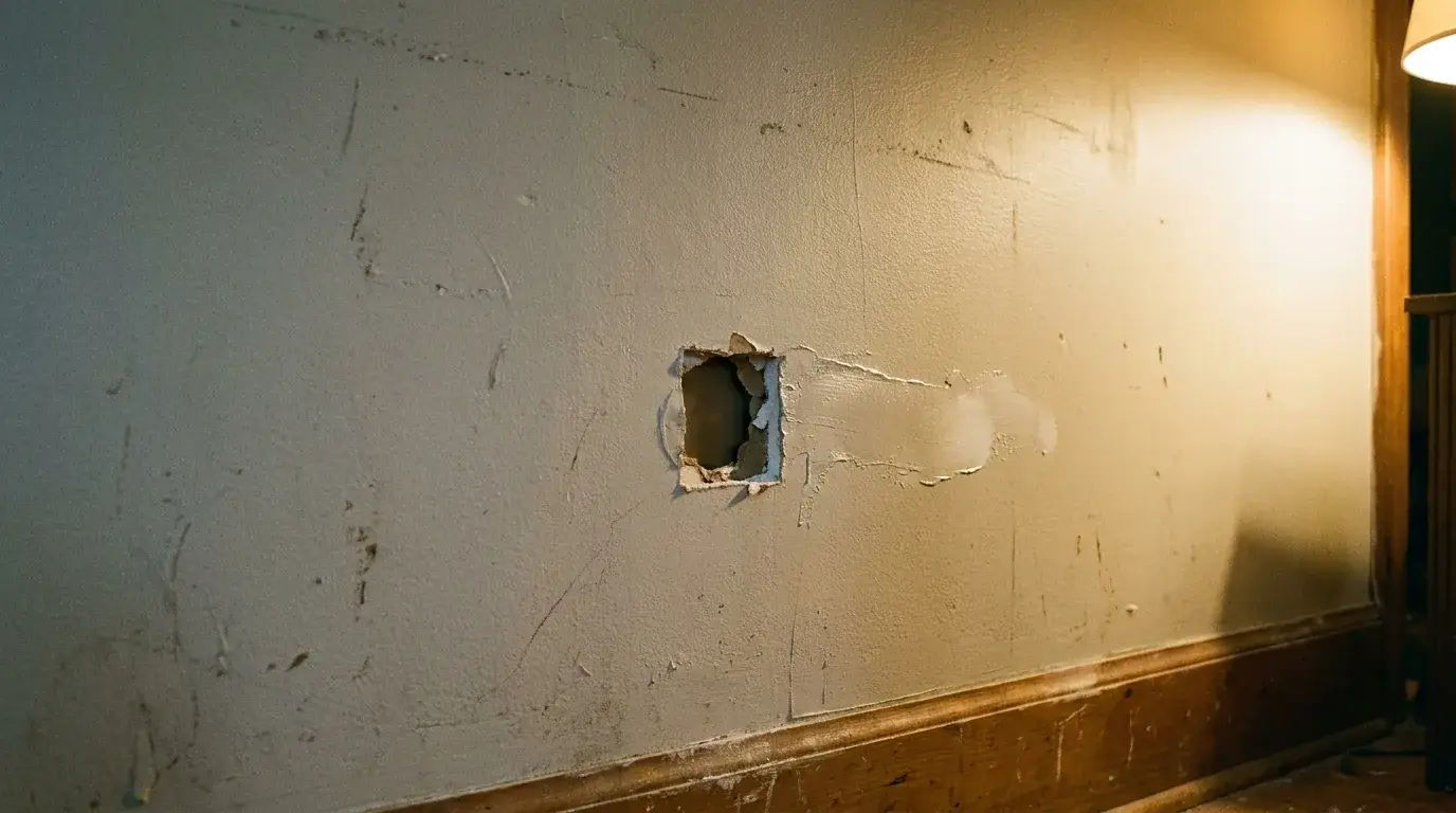 How to Repair a Hole in the Wall with Drywall: Step by Step 1 Hallway wall with a doorknob-sized drywall hole and a thin coat of fresh compound feathered around it