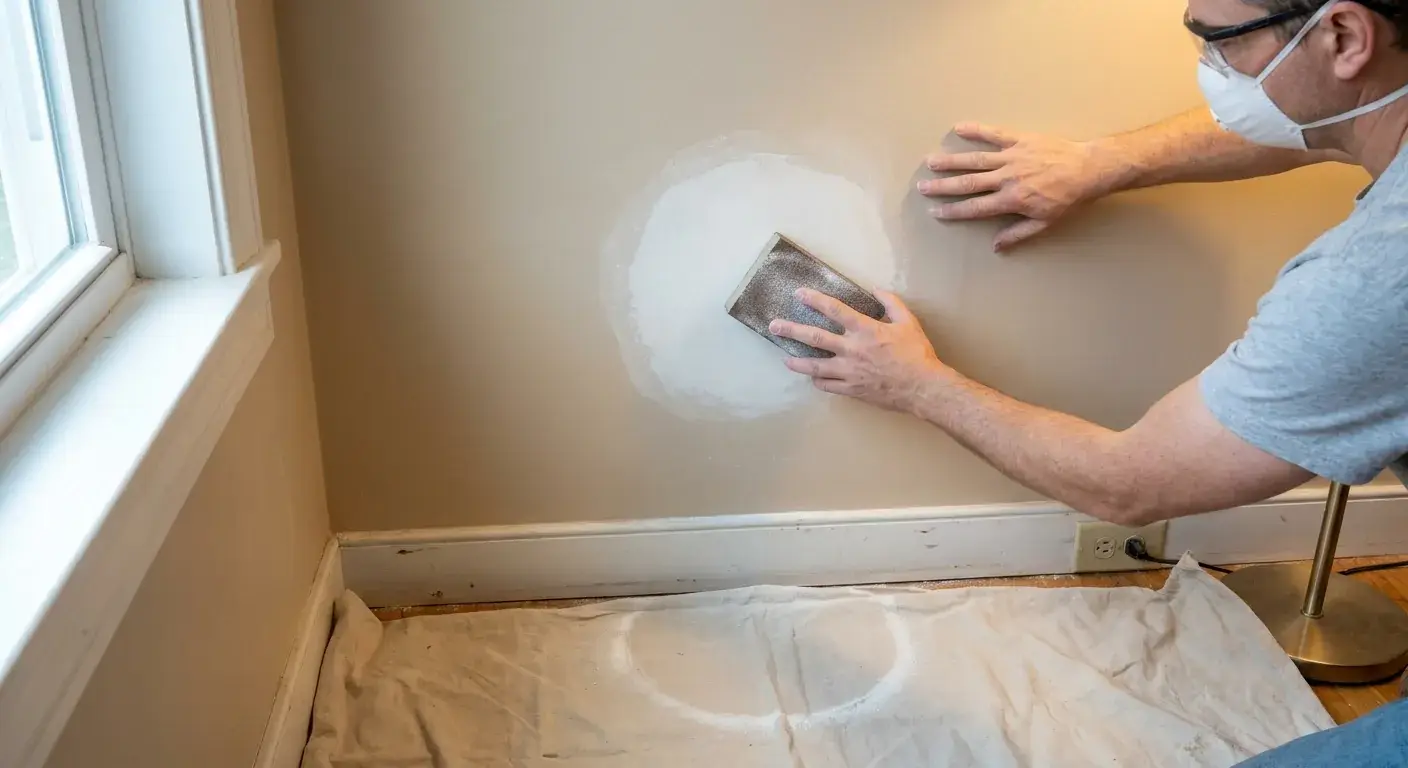 How to Repair a Hole in the Wall with Drywall: Step by Step 3 DIYer lightly sanding a fully dry drywall patch with a sanding sponge while dust falls to a drop cloth