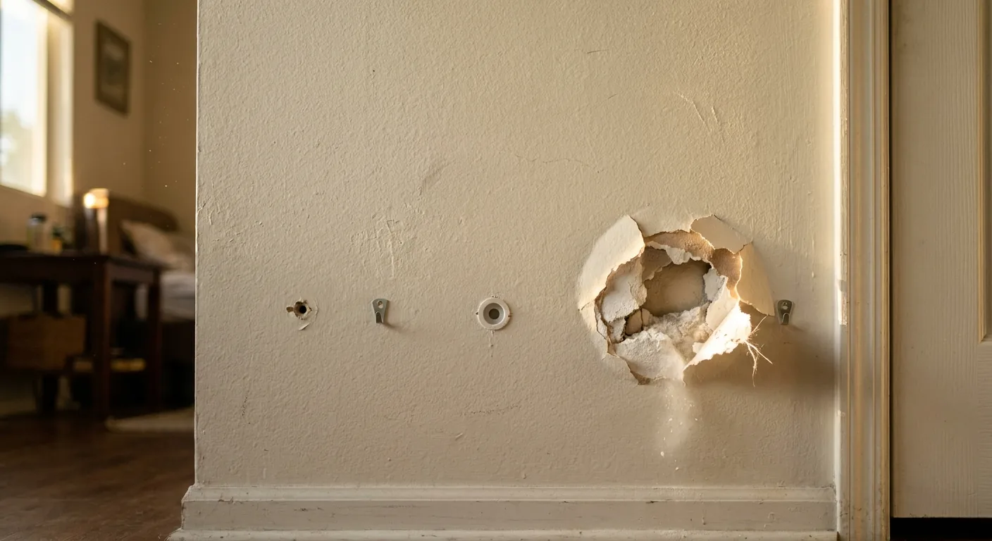 Three types of drywall anchor damage: small screw hole, clean round anchor hole, and a torn cratered pullout.