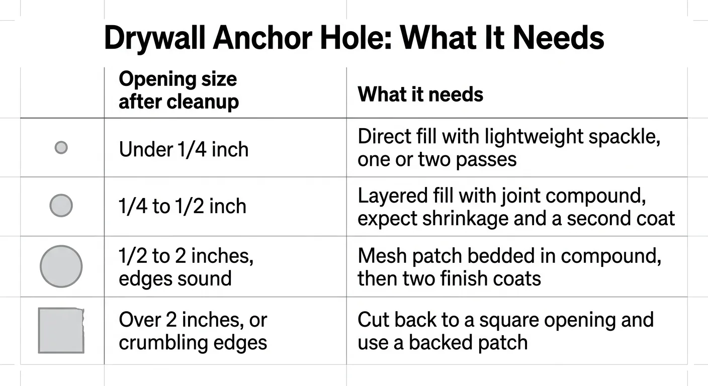 Table matching drywall opening sizes to the correct repair method after cleanup.