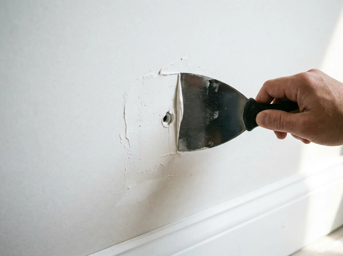 Hands skim joint compound over a small drywall anchor hole, leaving a thin feathered coat slightly proud.