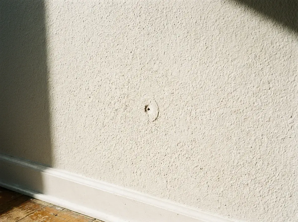 Texture-matched drywall repair under raking light with no visible halo or ridge near a baseboard.