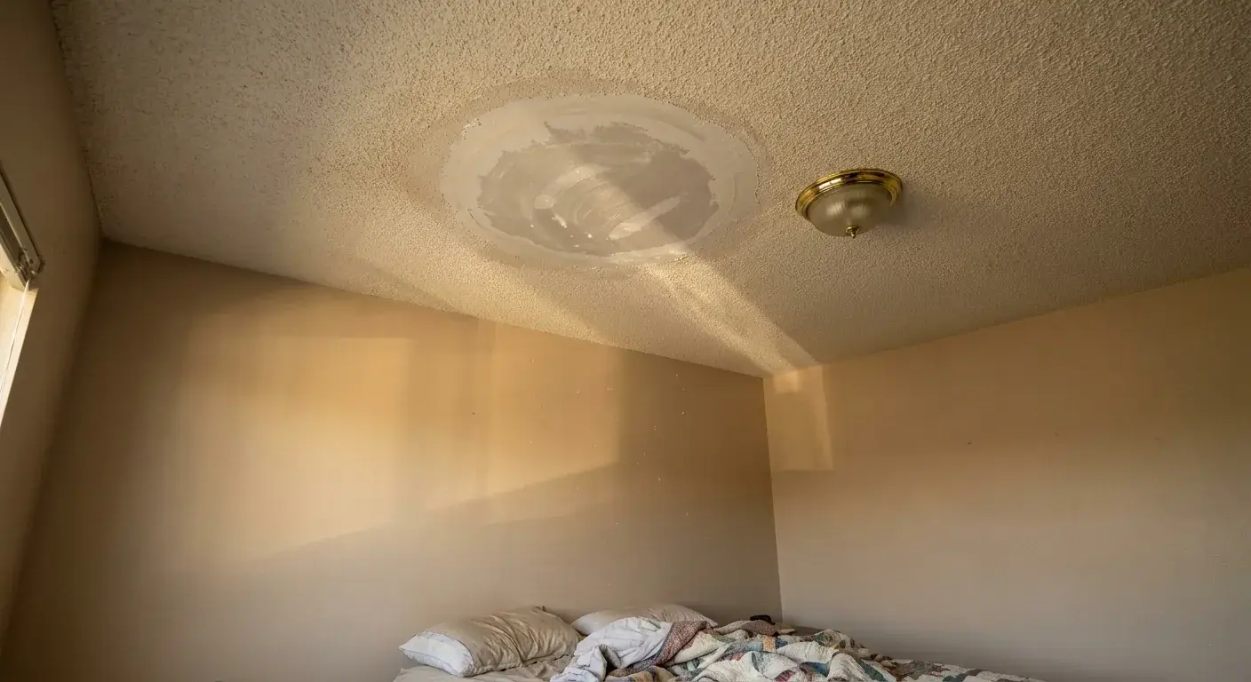 Raking light reveals a visible halo and slight ridges around a ceiling drywall patch near a room corner.