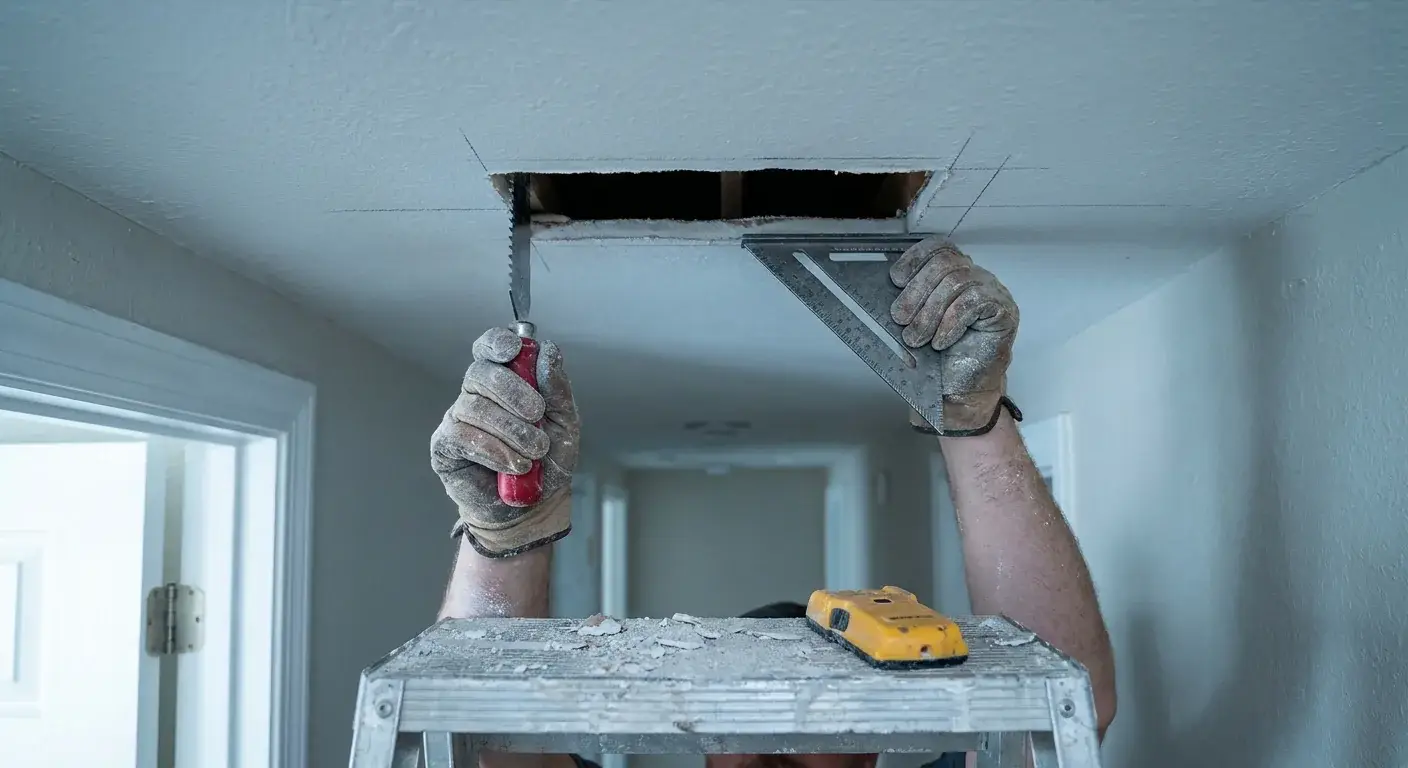Hands use a jab saw to follow pencil lines and square a rectangular ceiling opening for a drywall patch.
