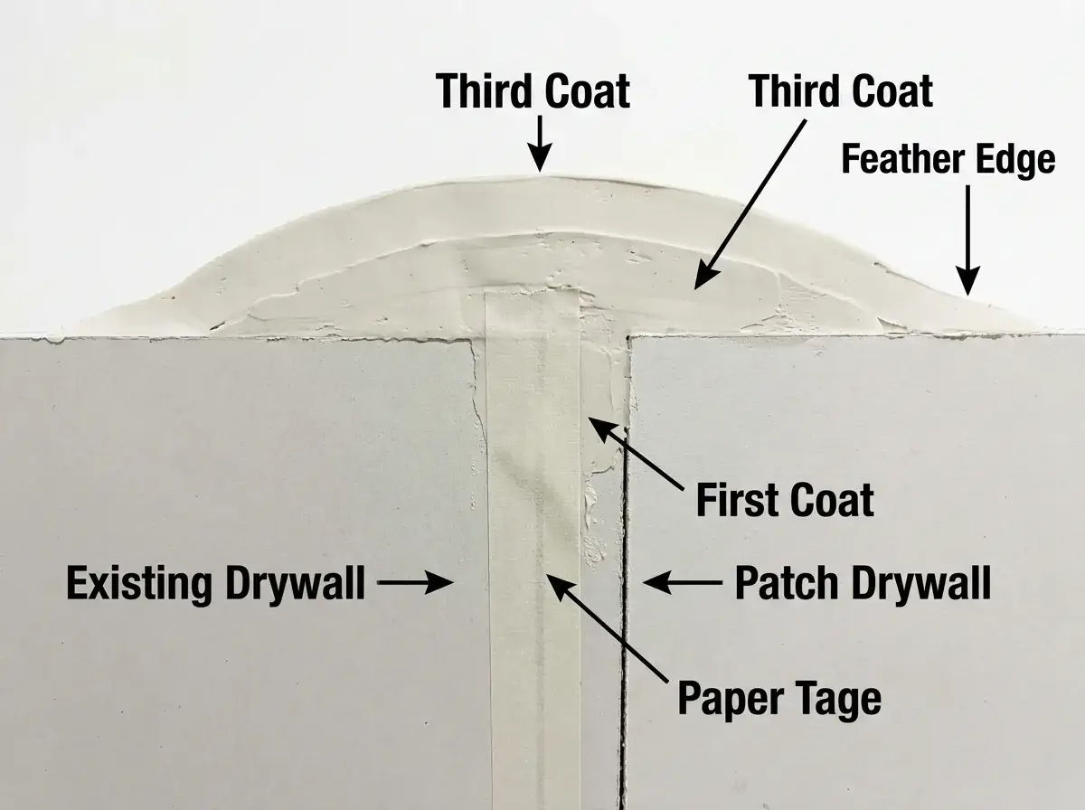 Diagram showing paper tape embedded in joint compound with three progressively wider, feathered coats over a ceiling patch seam.