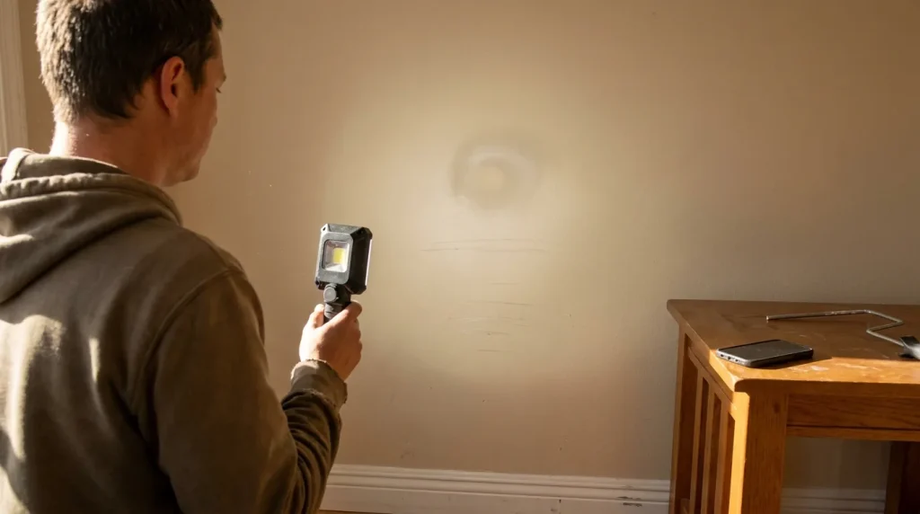 Raking lamp light reveals ridges and a dull flashed patch halo on a painted drywall wall above a baseboard.