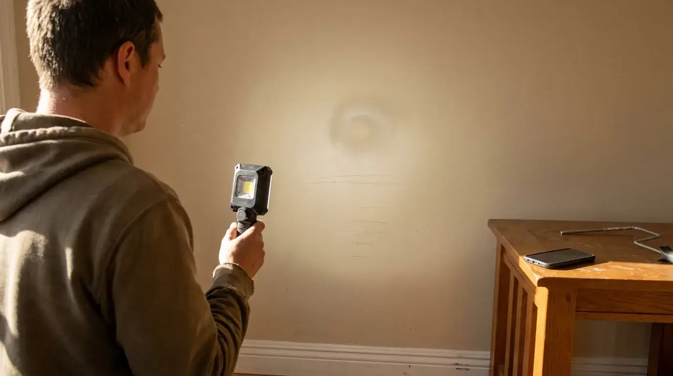 5 Plaster and Drywall Repair Mistakes That Cost You Money 1 Raking lamp light reveals ridges and a dull flashed patch halo on a painted drywall wall above a baseboard.