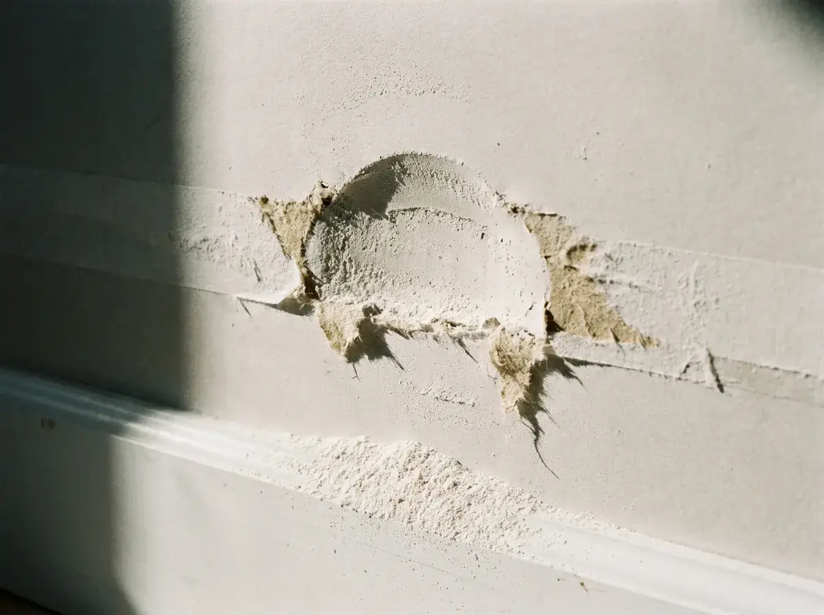 5 Plaster and Drywall Repair Mistakes That Cost You Money 2 Close-up of an over-sanded drywall patch with fuzzy face paper and a slightly exposed tape edge above a baseboard.