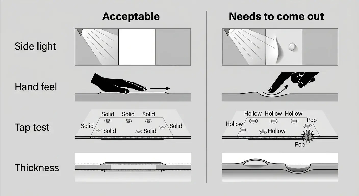 5 Plaster and Drywall Repair Mistakes That Cost You Money 3 Two-column diagram showing acceptable vs needs-to-remove drywall repair checks: side light, hand feel, tap test, and thickness.