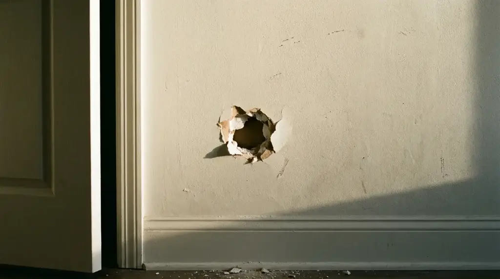 Doorknob-sized hole in drywall behind an open interior door, with torn paper and gypsum exposed.