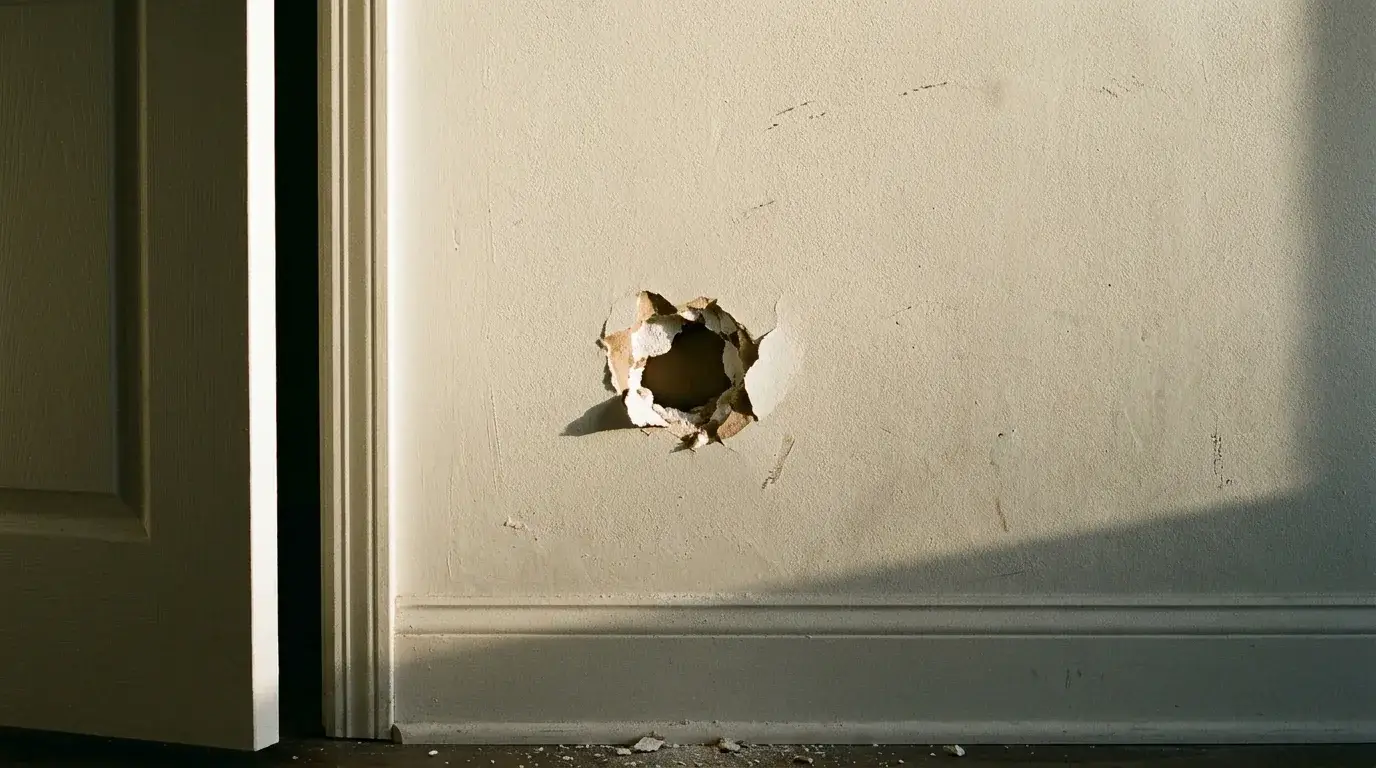 Doorknob-sized hole in drywall behind an open interior door, with torn paper and gypsum exposed.
