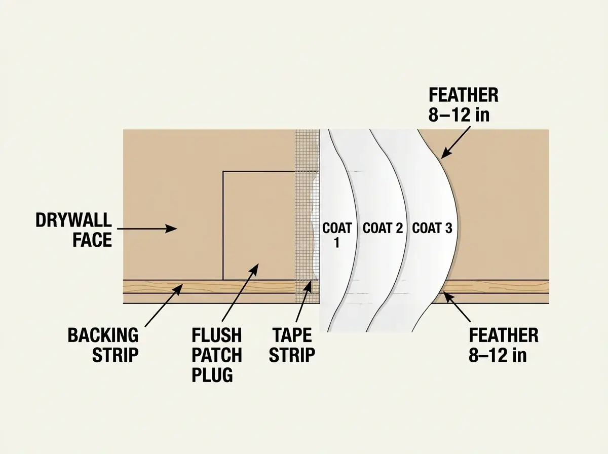 Labeled cutaway diagram showing backing strip, patch plug, tape, and three feathered coats of compound.