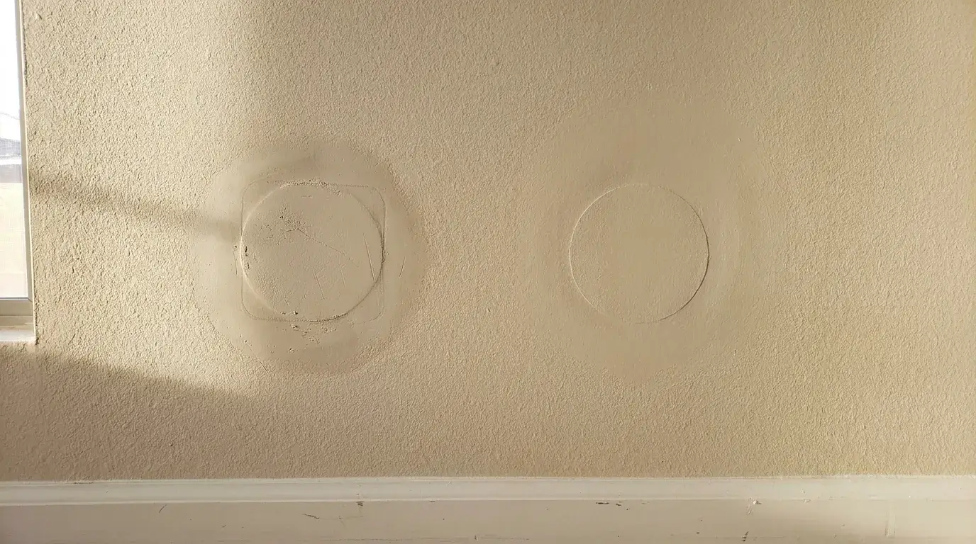 Two painted drywall patches under raking light: unprimed patch shows a dull halo; primed patch blends in.