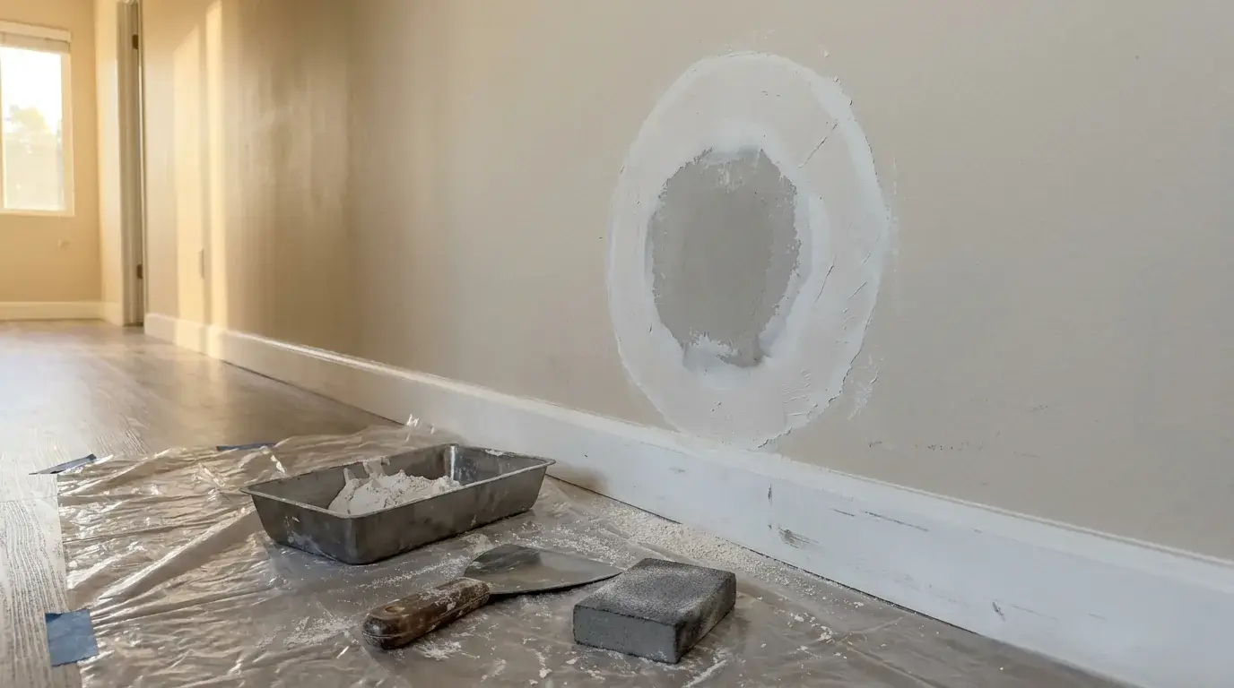Drywall wall patch showing a dry outer ring and darker center still drying above a baseboard