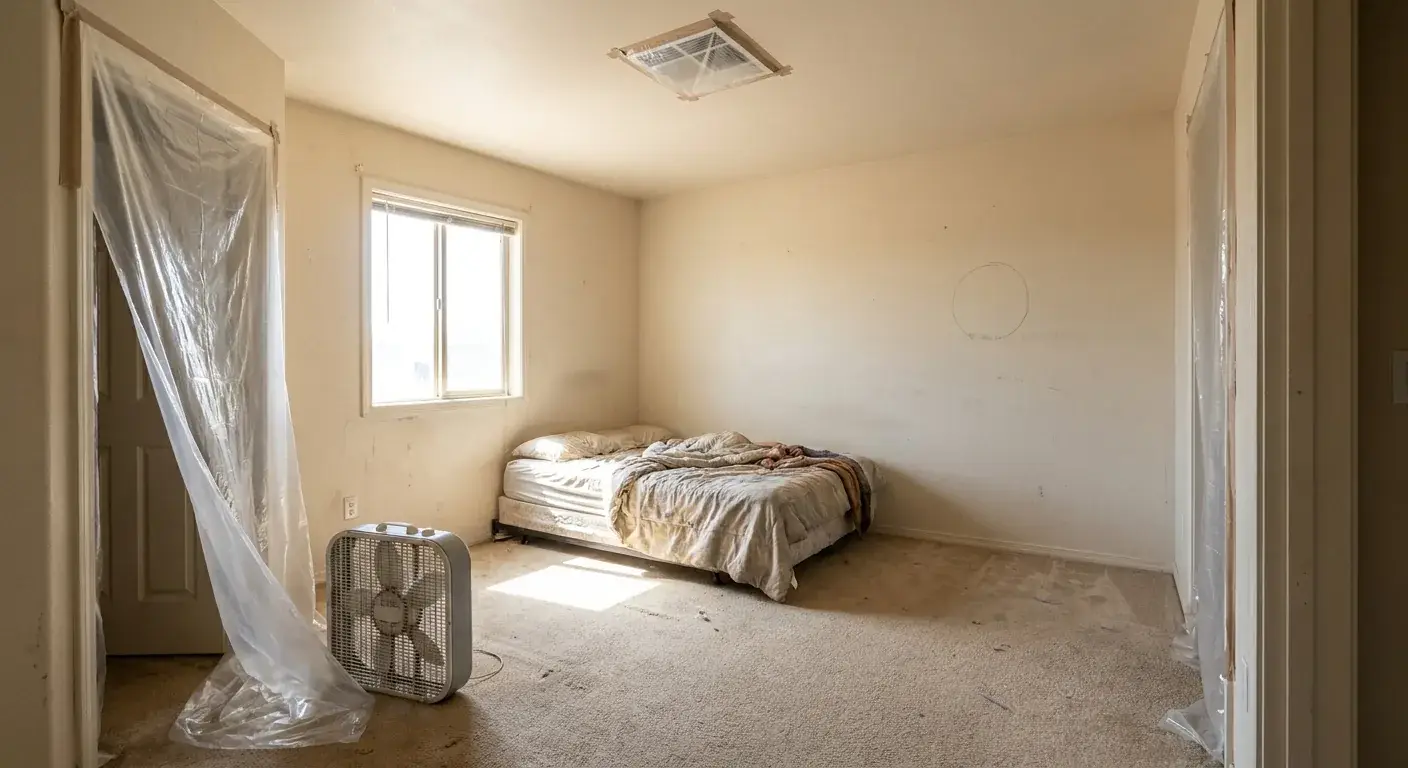 Room prep with plastic doorway barrier, masked vent, and cleared working space near the wall