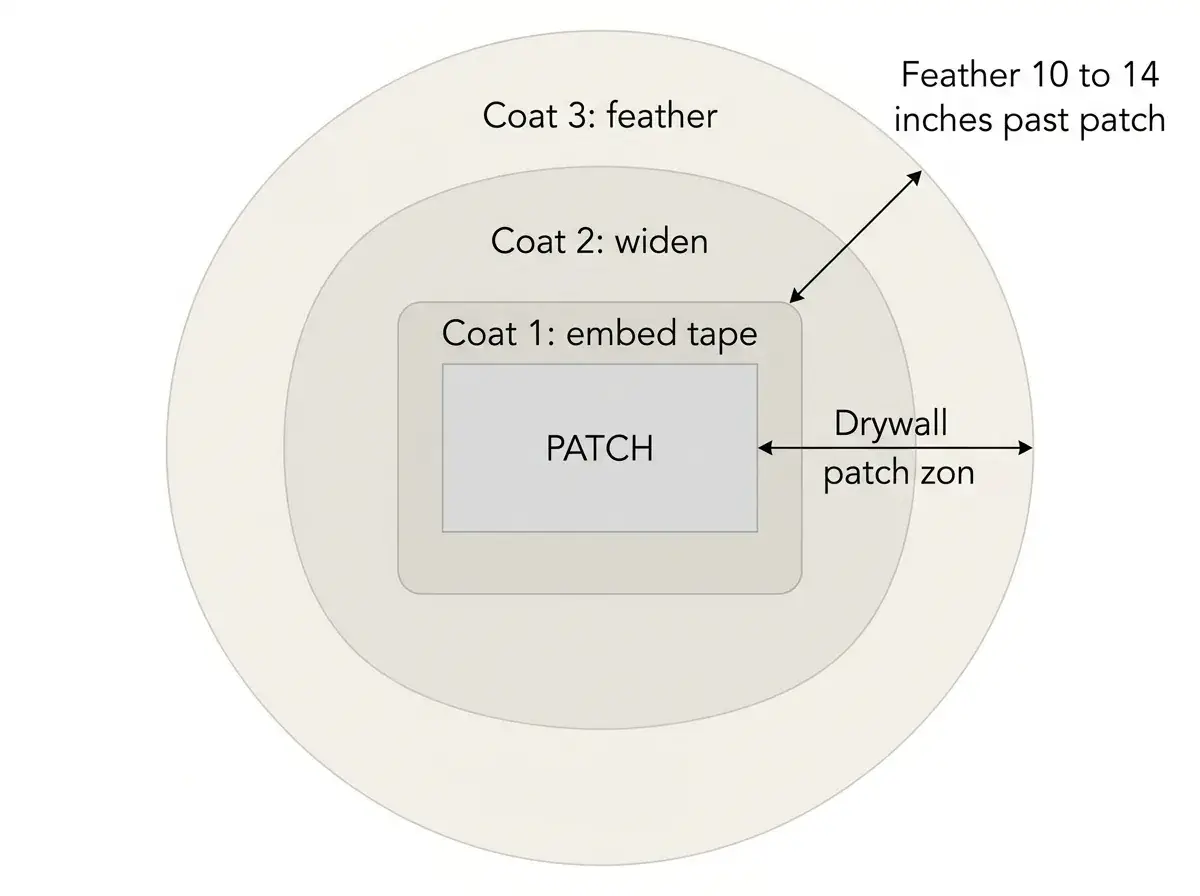Diagram showing three drywall coats feathered wider with a 10 to 14 inch final blend-out