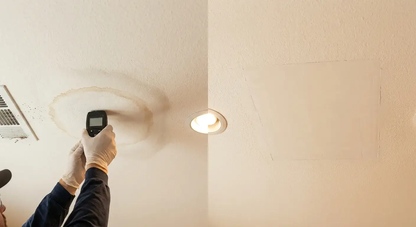 Ceiling comparison of a stained sagging area next to a flat repaired patch under grazing light