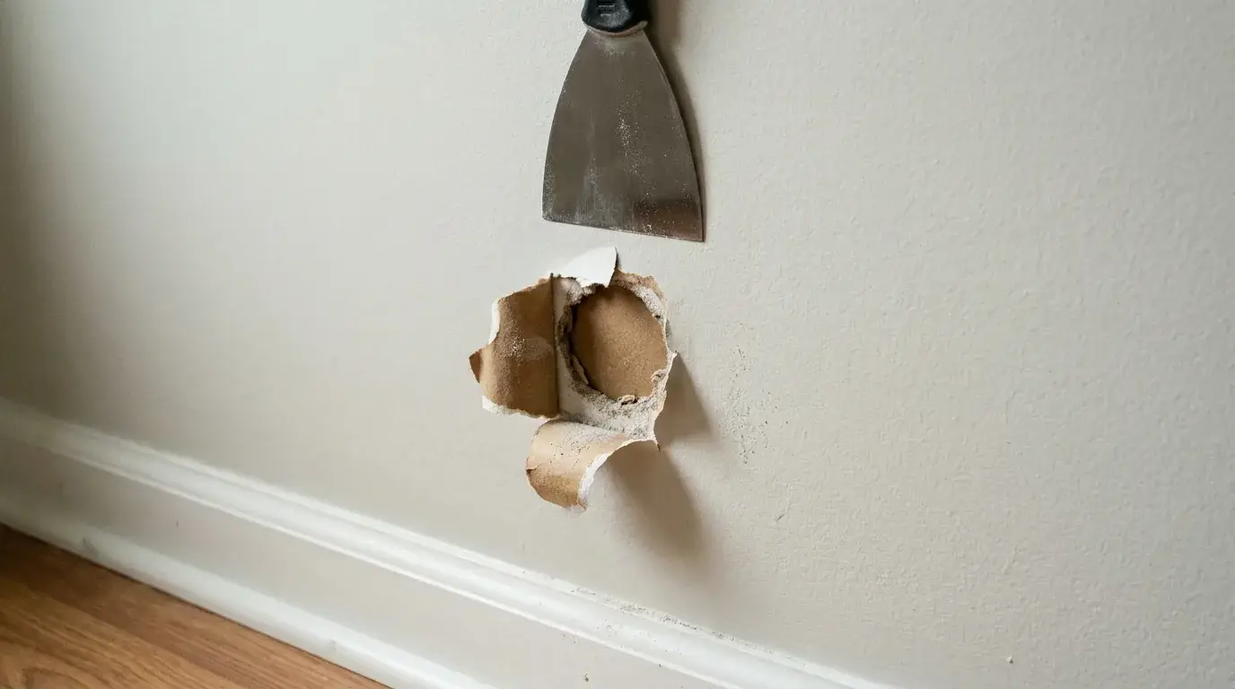 Small Hole in Drywall Repair: 5 Steps That Hold Up 1 Dime-sized drywall hole with torn paper edge at doorknob height, putty knife held flat to scrape flush