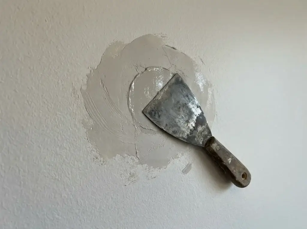 Hands pressing spackle into a small drywall hole and scraping it flush with a putty knife