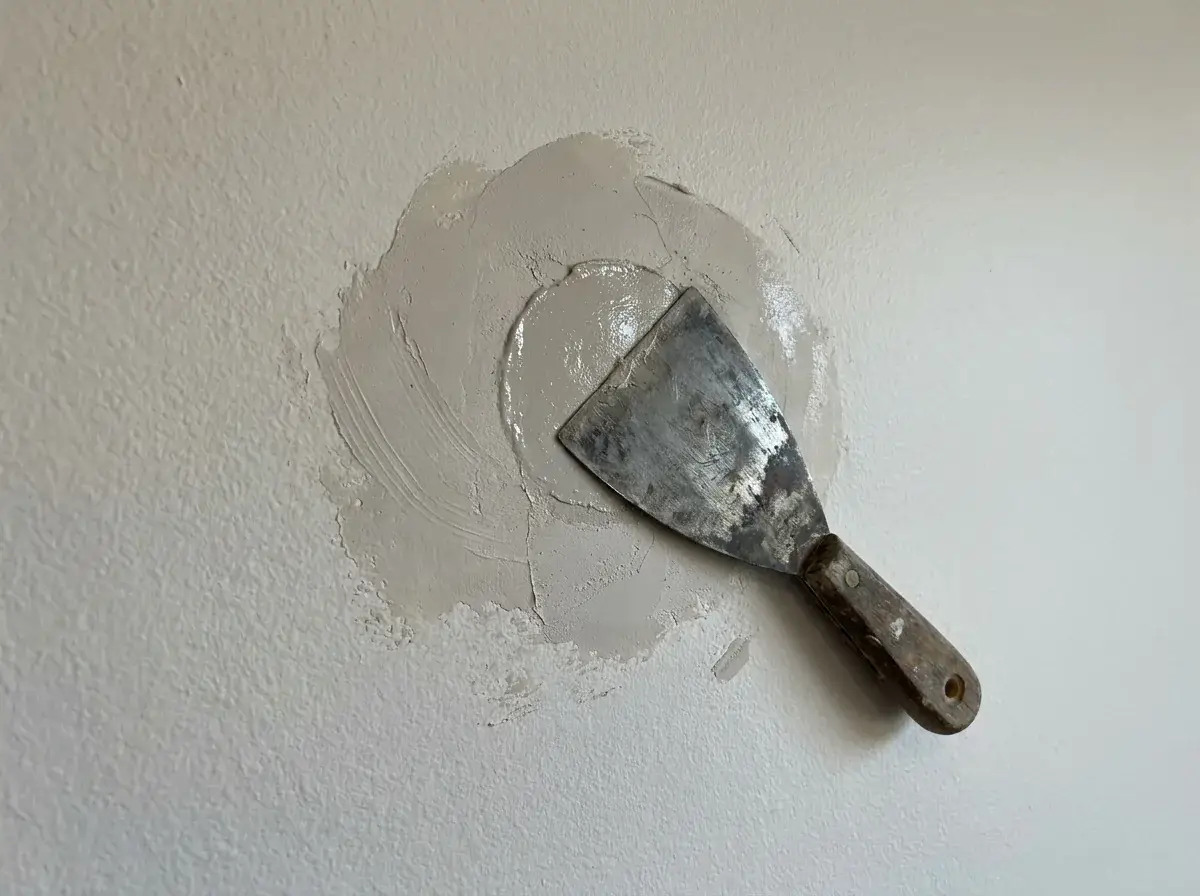 Small Hole in Drywall Repair: 5 Steps That Hold Up 2 Hands pressing spackle into a small drywall hole and scraping it flush with a putty knife