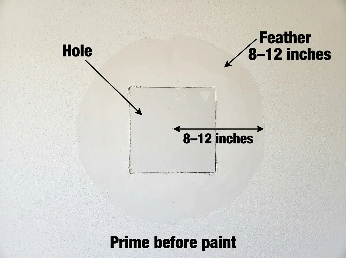 Small Hole in Drywall Repair: 5 Steps That Hold Up 3 Diagram showing drywall patch feathered 8–12 inches and primed before painting