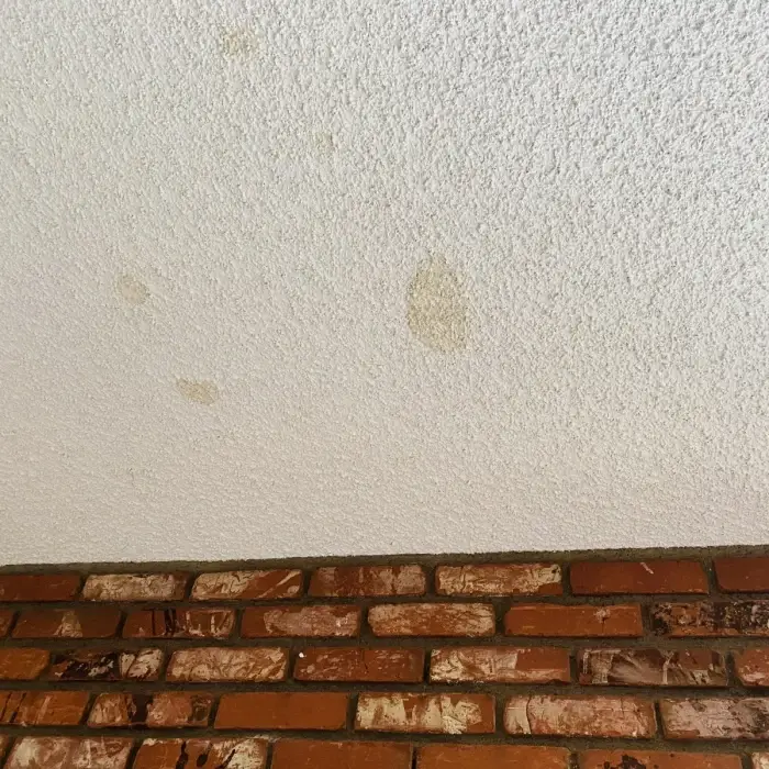 Stained popcorn ceiling above brick