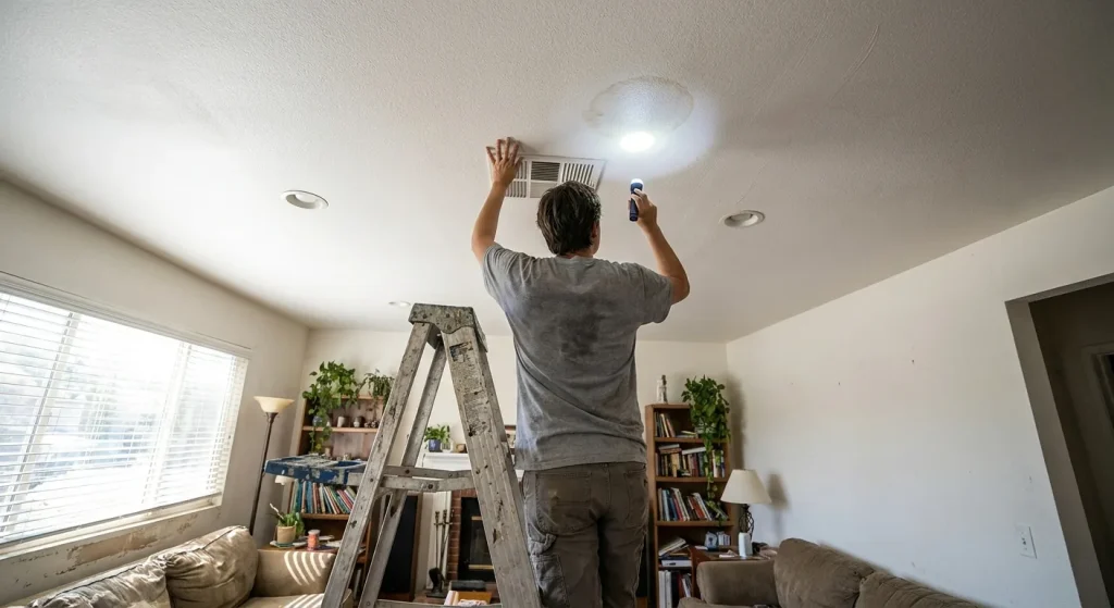 Drywall Repair on Ceiling: The Complete Guide 1 Homeowner checks a faint water stain on a ceiling with a flashlight in a lived-in Southern California room.