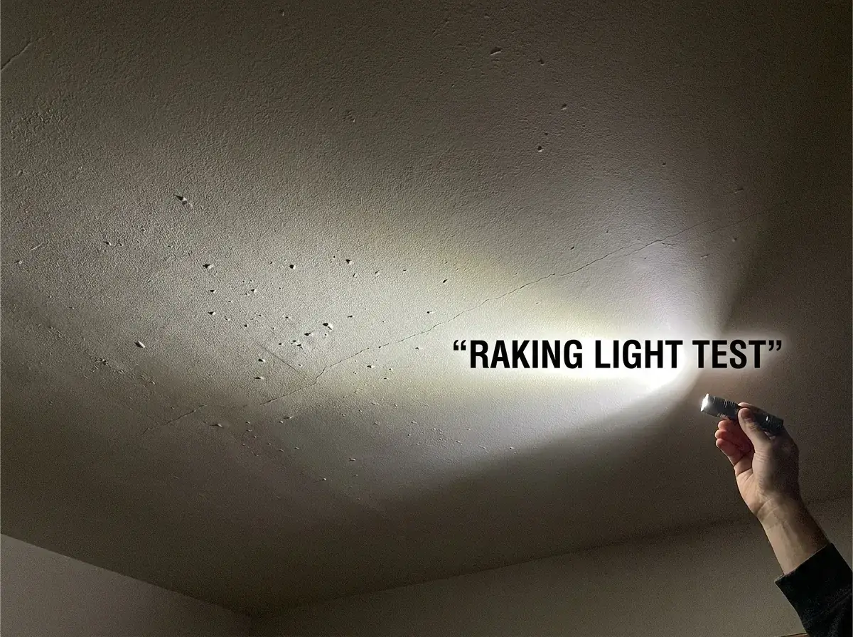 Drywall Repair on Ceiling: The Complete Guide 2 Diagram showing a flashlight raking-light test and common ceiling drywall symptoms like cracks, nail pops, stains, and sagging.