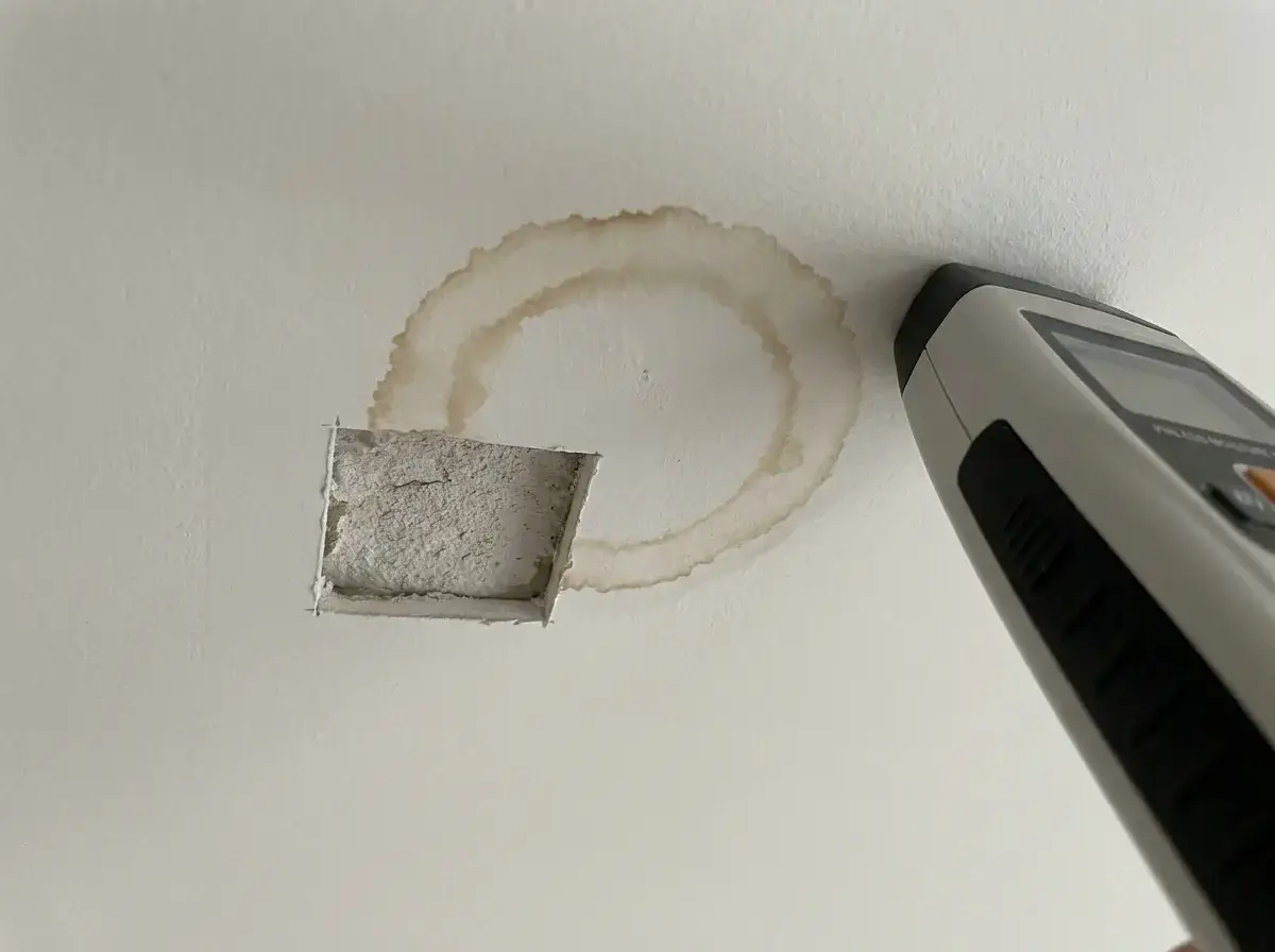Drywall Repair on Ceiling: The Complete Guide 3 Technician checks a ceiling water stain with a moisture meter beside a small cut-out inspection square.