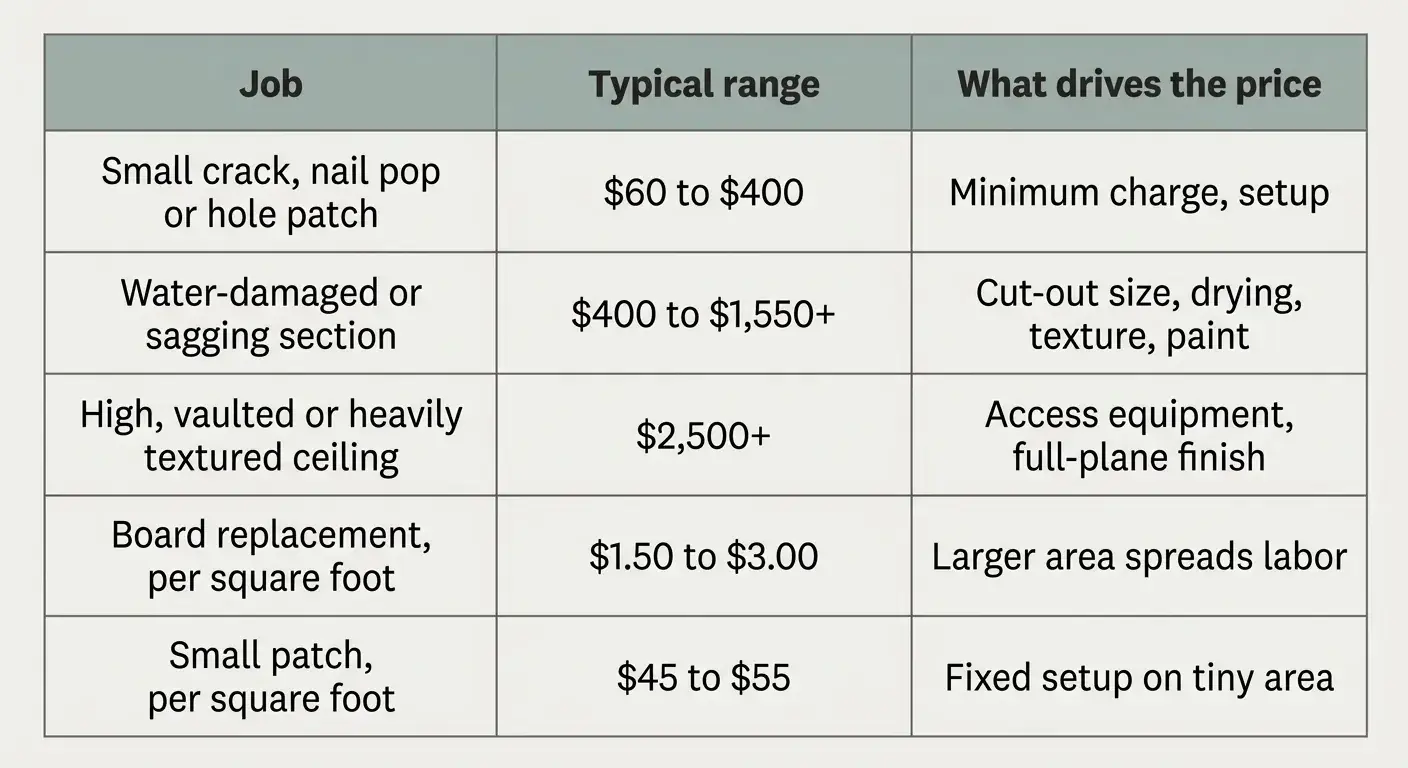 Drywall Repair on Ceiling: The Complete Guide 4 Table comparing typical ceiling drywall repair cost ranges for common job types.