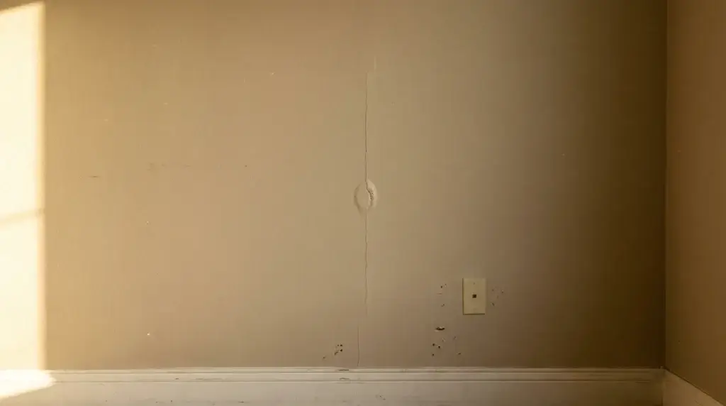 Drywall Seam Repair: The Complete Guide to Every Fix 1 Hairline crack and small tape bubble along a drywall seam on an interior wall in raking light.