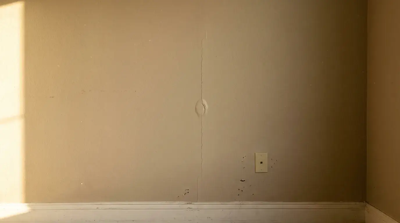 Hairline crack and small tape bubble along a drywall seam on an interior wall in raking light.