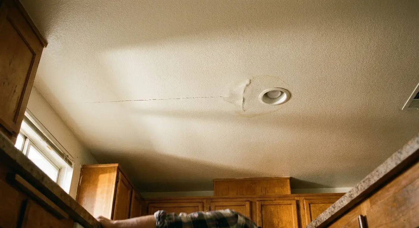 Kitchen ceiling with a straight seam crack and a faint ring-shaped water stain near the joint.