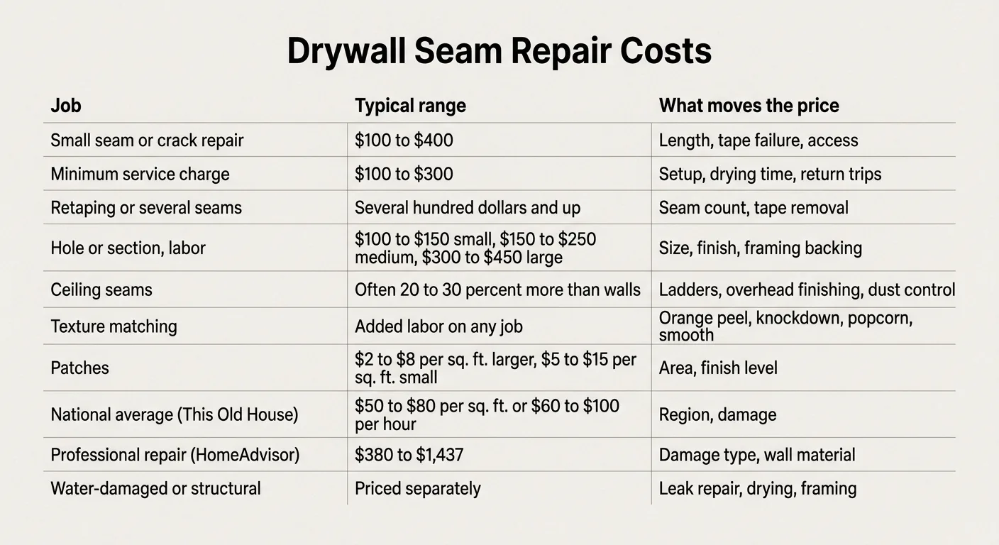 Table listing typical drywall seam repair cost ranges and factors that affect price.