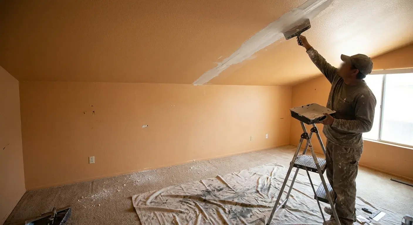 Drywall pro skimming joint compound over a ceiling seam from a step ladder with a mud pan and taping knife.