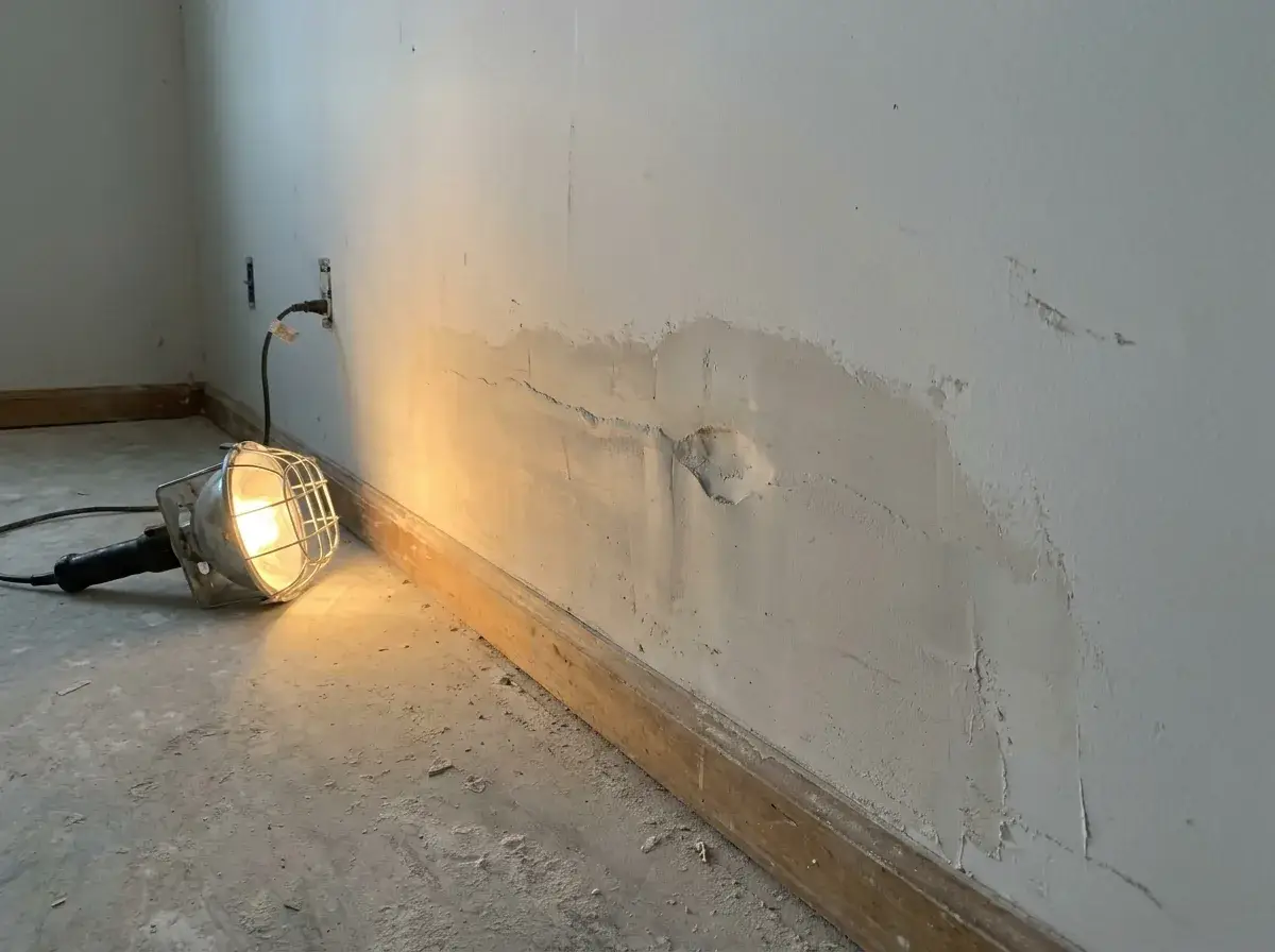 How to Repair a Crack in Drywall: 7 Steps That Hold Up 3 Floor-level work light rakes across a feathered drywall patch, revealing a ridge and a slight dip before priming.